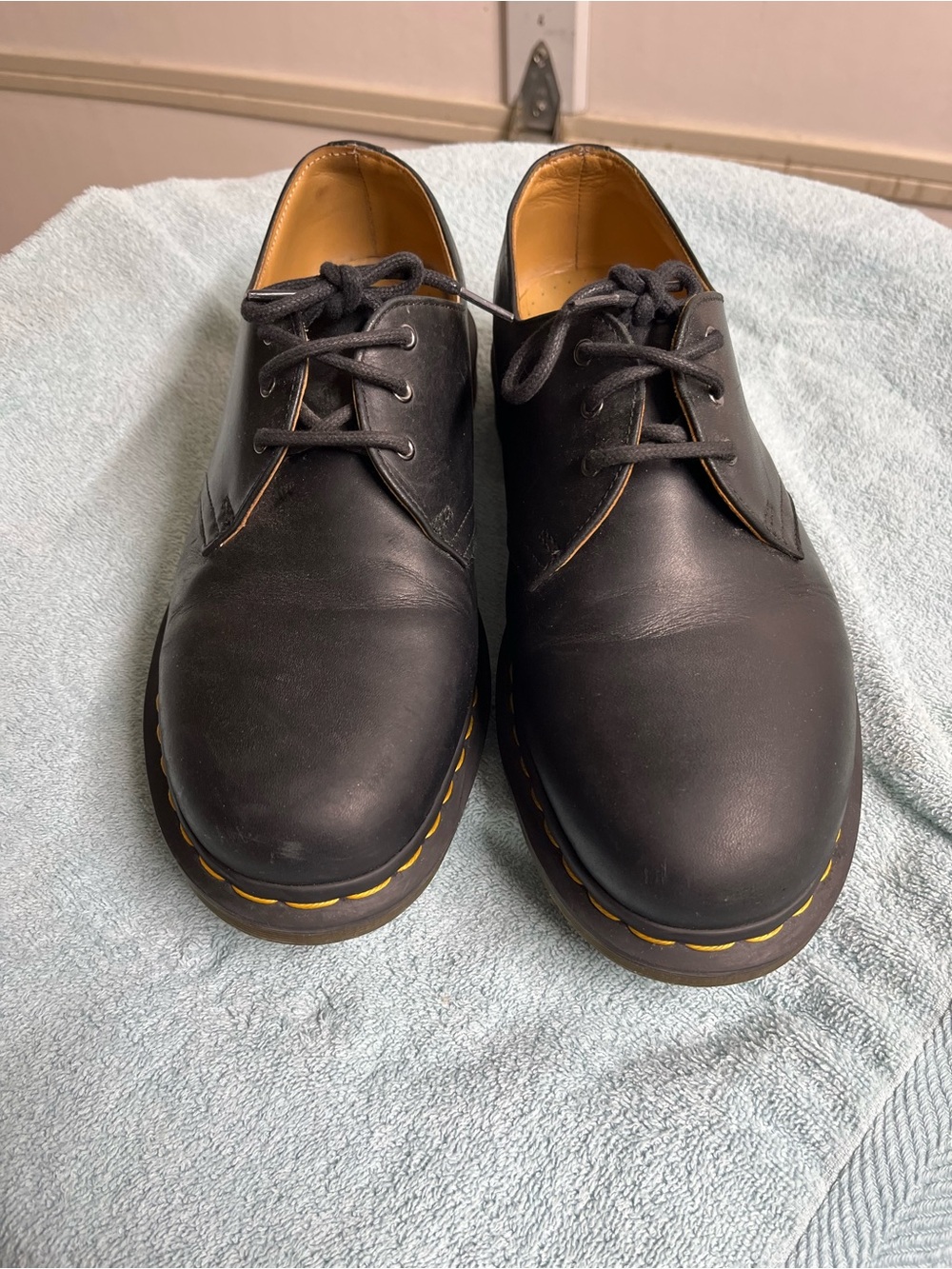 Dr. Martens Black Leather Derby Shoes with Yellow Stitching